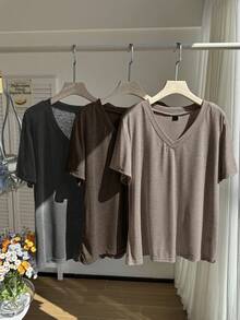 Comfortcana 3pcs/Set Plus Size Casual V-Neck T-Shirts, Spring/Summer - Multicolor - View 4