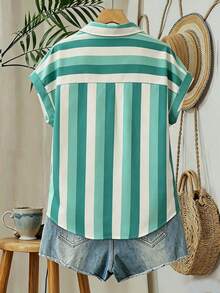 INAWLY Women's Striped Patchwork Single-Breasted Casual Versatile Daily Wear Shirt - Green - View 2