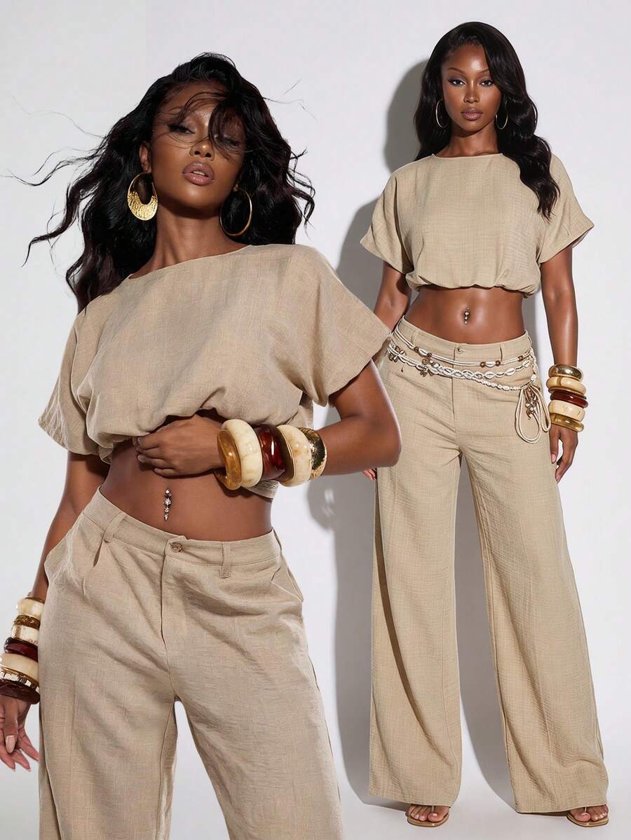 Normani Women's Vacation Casual Solid Color Cropped Top And Pants Set