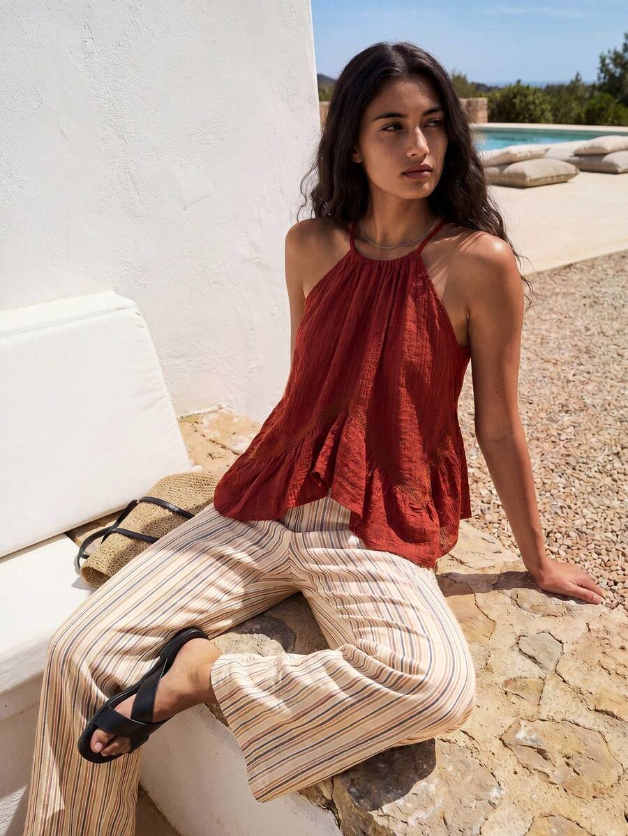 Nöista Brown Double-Strap Cami Top With Ruffle Hem. Summer, Fall, Resort, Going Out, Party Style. - Chocolate Brown - View 1