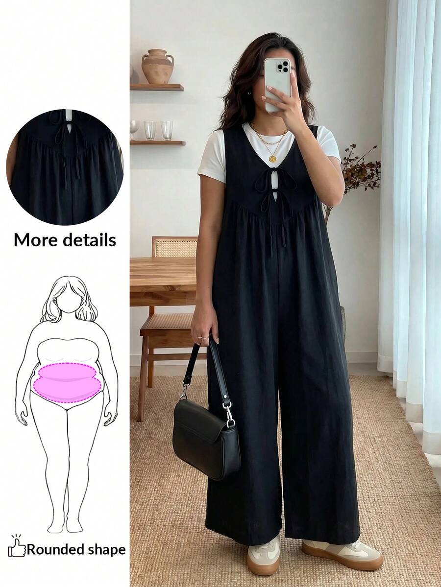 Enliva Plus Size Women's Wide Leg Jumpsuit With Tie Front And Pockets, Loose Fit, Compatible With Apple Rounded Body Shape - Black - View 1