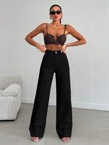 SHEIN بنطال جينز أسود عادي الخصر مرتفع القصة الكاجوال، غسيل عادي، قصة مستقيمة، أمامي بأزرار - الأسود - مشاهدة 5