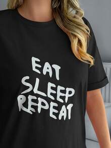 EURMUSE 女款「Eat, Sleep, Repeat」印花T恤與條紋寬腿長褲睡衣套裝，可愛日系風，黑白與粉白配色，居家休閒夏季睡衣 - 黑色 - 查看 5