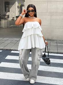Maweii Plus Size Women Solid Color Multi-Layer Ruffle Hem Wrap Crop Top - White - View 5