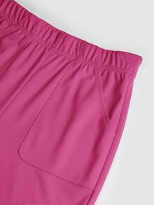 TaskEZ Solid Color Minimalist V-Neck Double Pocket T-Shirt And Casual Pants Uniform Set - Hot Pink - View 7