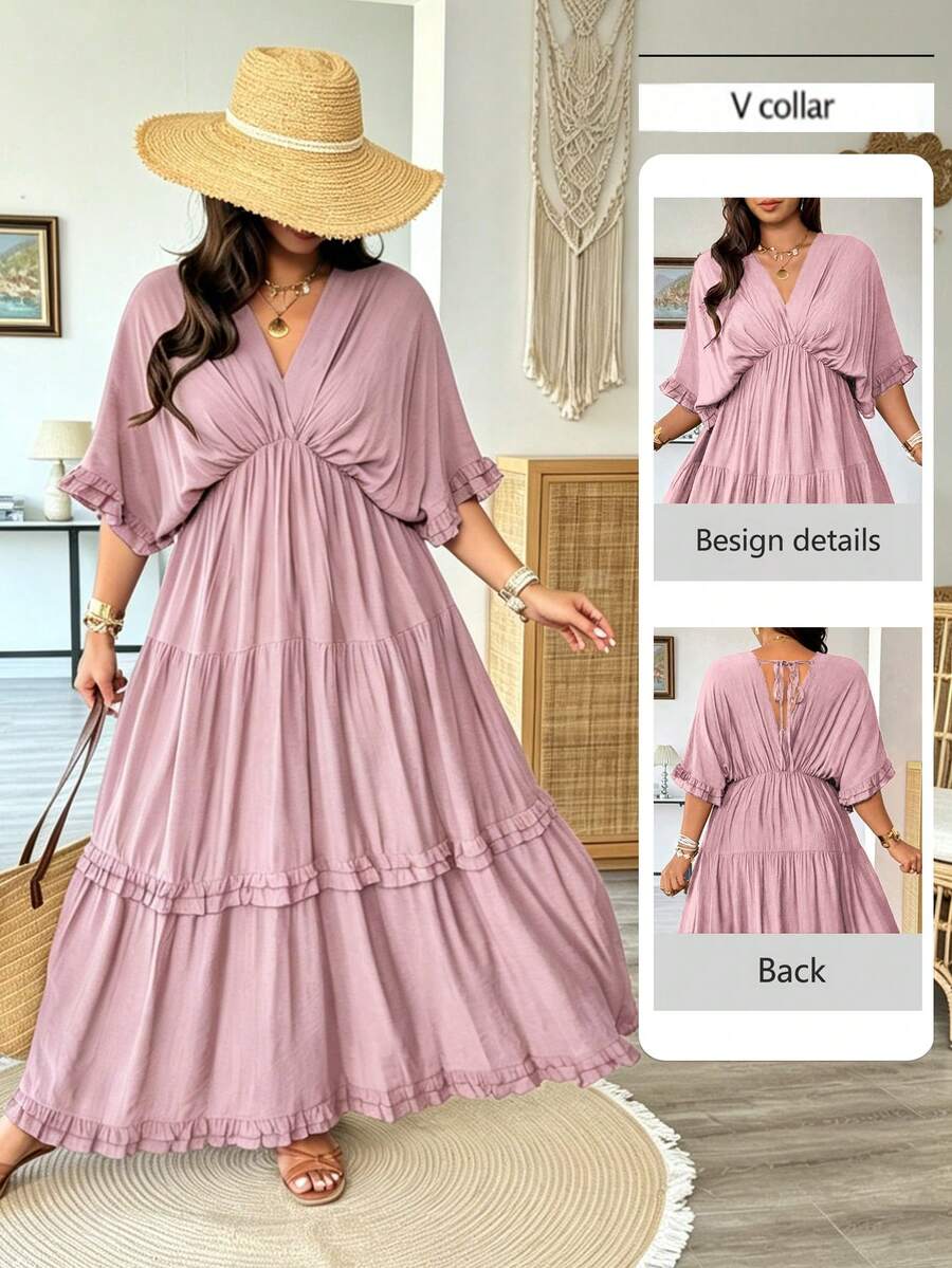 Vionelle Plus Size Solid Color Boho Ruffle Trim Regular Dress, Spring/Summer Vacation Dusty Pink - Pink - View 1