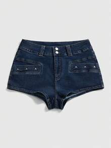 ROMWE Grunge Punk Vintage Distressed Skull Studded Plus Size Women Denim Shorts - Blue - View 1