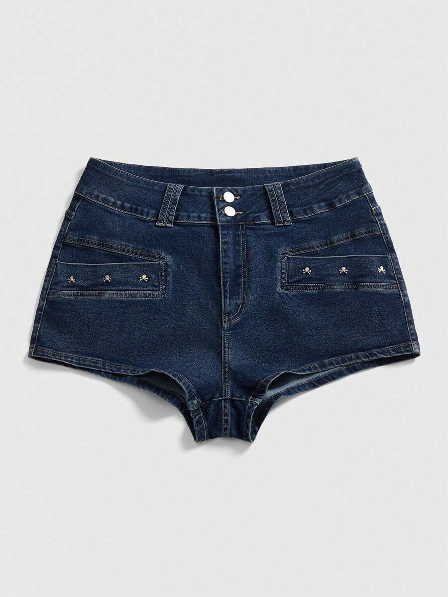 ROMWE Grunge Punk Vintage Distressed Skull Studded Plus Size Women Denim Shorts - Blue - View 1