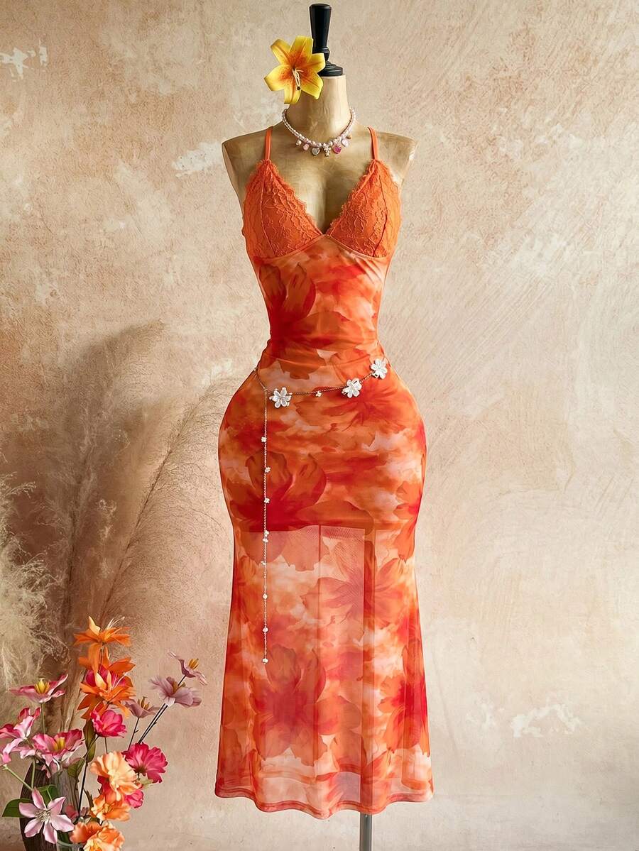 Soleia Đầm maxi nữ thanh lịch với họa tiết hoa và ren tương phản. - trái cam - Xem 1