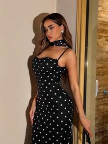 SHEIN ICON Summer Women's Black And White Polka Dot Elegant Ceremony Backless Floral Sexy Wedding Date Night Night Out Going Out Party Prom Dress - Black - View 5