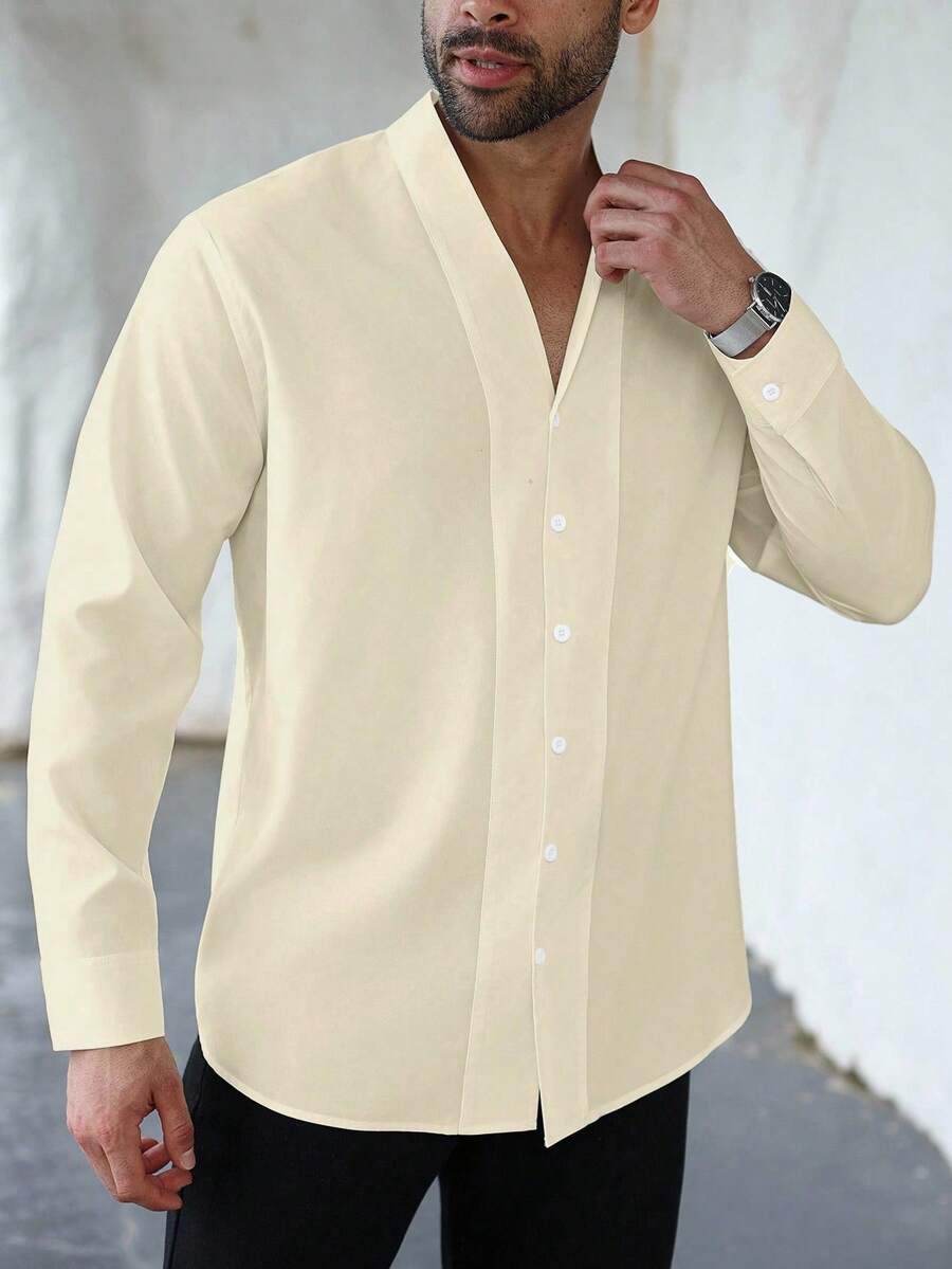 Manfinity Homme Plus Size Men's Casual Solid Color Button-Front Long Sleeve Shirt - Apricot - View 1