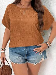 SHEIN VCAY Plus Size Batwing Sleeve Textured Round Neck Casual Shirt - Khaki - View 3