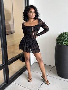 Alexandranx Women Flocked Mesh Cutout Bow Decor Long Sleeve See-Through Dress Fall Cloth For Women Elegant ,Petite Women - Black - View 3