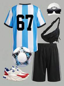 [Random 3 Sets,Send 1 Sets] Young Boy Casual Simple T-Shirt Set Summer Outfits Toddlers Boys Football Soccer Uniform Running Athletics Jogging Outfits - White - View 7