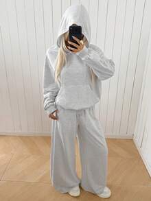 SHEIN EZwear Bộ đồ thể thao nữ mùa thu/đông gồm áo hoodie lót giữ nhiệt và quần nỉ dáng rộng thoải mái. - Xám - Xem 5