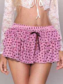 Sweetness Sweet Girl Y2K Pink Polka Dot Bow Ruffle Layered Women's Skirt - Pink - View 1