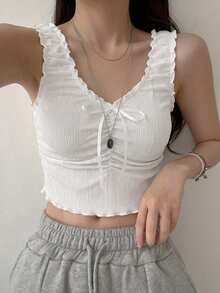 DAZY Women Solid Color Frill Trim Front Tie Cropped Camisole Summer Cute Top - White - View 2
