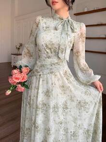 Modelyn 女士蓝色系带领褶皱腰身连衣裙，适合春秋季户外穿着 - 綠色 - 查看 3