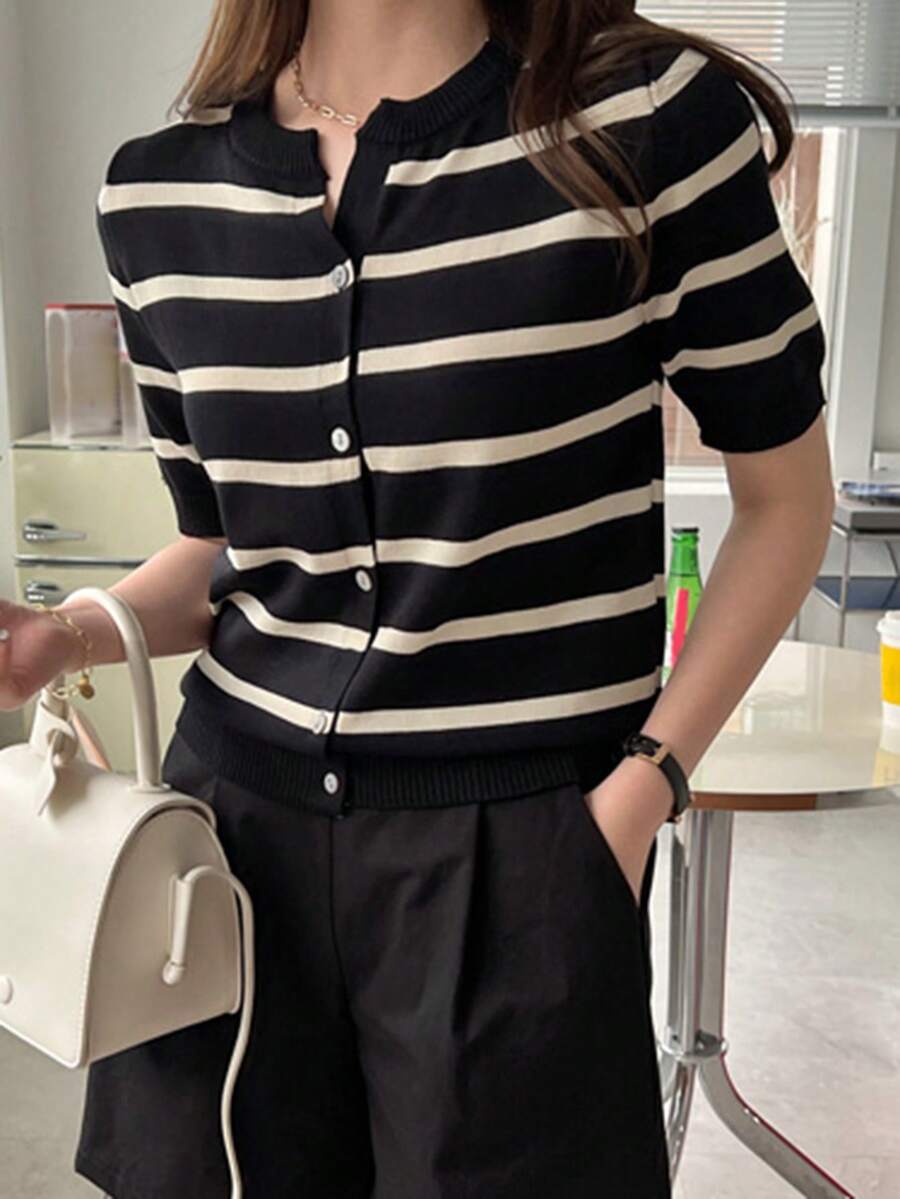 DAZY Striped Button Front Cardigan,Short Sleeve Tops,Fall Clothes - Black - View 1