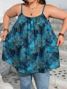 SHEIN CURVE+ Blusa de tirantes finos con pliegues y estampado de paisley para mujer talla grande, ideal para vacaciones y estilo bohemio - Verde Oscuro - Ver 6
