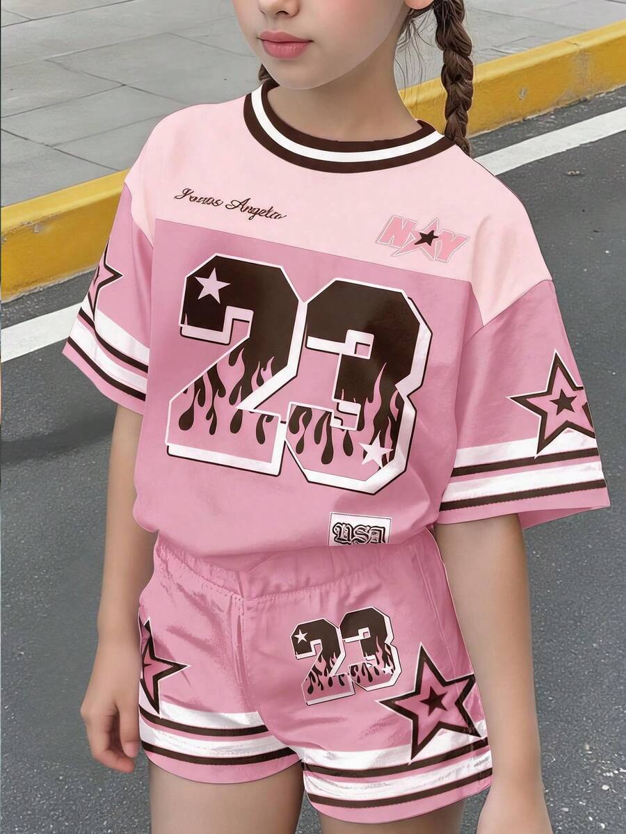 2件套少女休闲宽松圆领短袖T恤和短裤,赛车服套装,美国洛杉矶23号图案,适合春夏穿着 - 彩色 - 查看 1