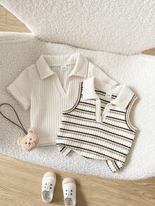 SHEIN Playful Pals 2pcs Baby Girls' Basic Sweetheart Neck Short Sleeve & Sleeveless Ribbed Knit Cropped Top Set, Spring/Summer - Khaki - View 3