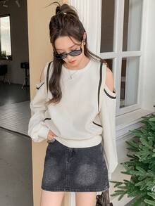 DAZY Women's Open Shoulder Long Sleeve Sweatshirt,Long Sleeve Tops,Fall Clothes,Back To School Clothes - Beige - View 7