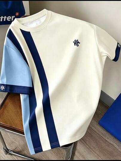 Manfinity Joysei Unisex Casual Colorblock H Logo Icon Short Sleeve T-Shirt, Round Neck Versatile Sporty Tee