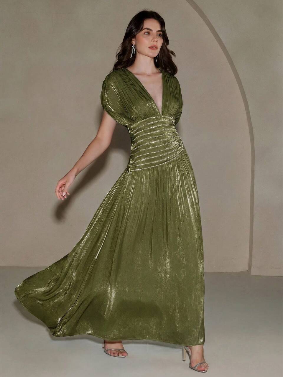 Anewsta Women's V-Neck Short Sleeve Beaded Chain Pleated Waist Elegant Sexy Long Dress Wedding Dinner Party Dinner Olive Green Summer