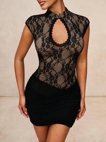 Autumn Black And Beige Floral Lace Mini Dress Women Chic Sexy Club Date Night Date Night Night Elegant Keyhole Neckline Mesh Sleeveless Cinched Waist - Black - View 12