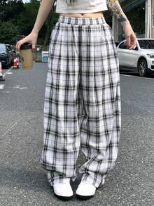 DAZY 女款格紋休閒直筒寬鬆百搭日常長褲 度假款 - 黑與白 - 查看 6