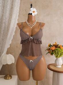 Swim Mod Conjunto de traje de baño tankini de 2 piezas con estampado de lunares, tirantes finos, decoración de lazo con volantes y top triangular, talla estándar para mujer - Café integral - Ver 3