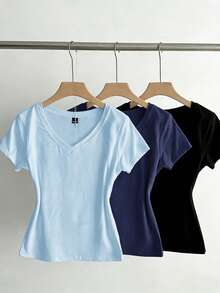 3 piezas Camisetas ajustadas de cuello en V de verano para mujer, camisetas básicas de manga corta de ajuste ceñido de unicolor con estilo subcultura punk anime - Multicolor 9 - Ver 3