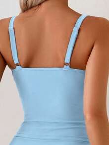 Swim Chiccia Women's Beach Vacation Solid Color Metal Ring Decor Criss-Cross Ruched Sexy Camisole & Shorts Set - Baby Blue - View 5