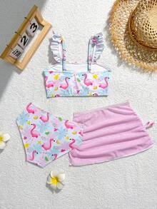 SHEIN 少女火烈鸟印花比基尼套装，针织面料：荷叶边吊带胸部褶皱吊带背心+短裤+半身裙，时尚休闲优雅，适合游泳、夏季度假、海滩、泳池、假日派对等场合。 - 粉色 - 查看 2