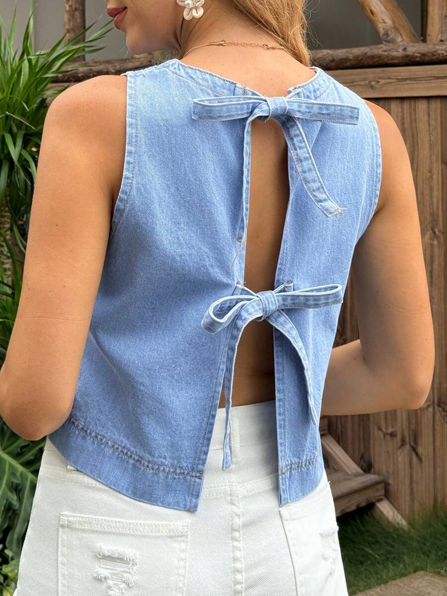SHEIN Holidaya Áo denim nữ không tay, kiểu dáng thường ngày, hở lưng, buộc dây - Màu xanh lam - Xem 1