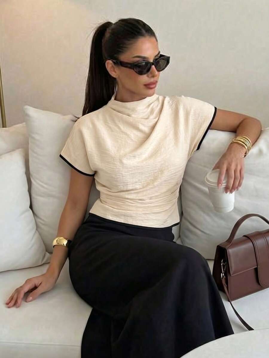 Firerie Wrinkled Collar Asymmetrical Sleeve Side Ruched Cinched Waist Commuter Apricot Bamboo Fiber Linen Blouse For Women, All Season,Summer Top - Khaki - View 1