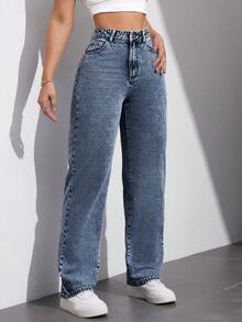 SHEIN EZwear Quần Jeans Ống Rộng Đơn Giản Cho Nữ - Màu xanh lam - Xem 5