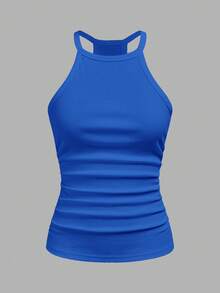 Slaydiva Women's Chic Royal Blue Summer Tank Top,Everyday Basic Ribbed Crew Neck Racerback Off-Shoulder Casual Slim Fit Solid Vest For Party,Beach & Yoga - Royal Blue - View 3