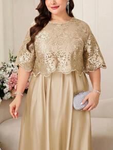 Reflora Plus Size Elegant Lace Patchwork Party Dress - Champagne - View 3