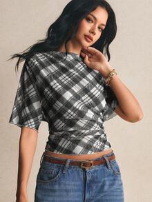 Poéselle Women's Vintage Plaid Ruffle Sleeve Fitted T-Shirt, Summer - Black - View 3