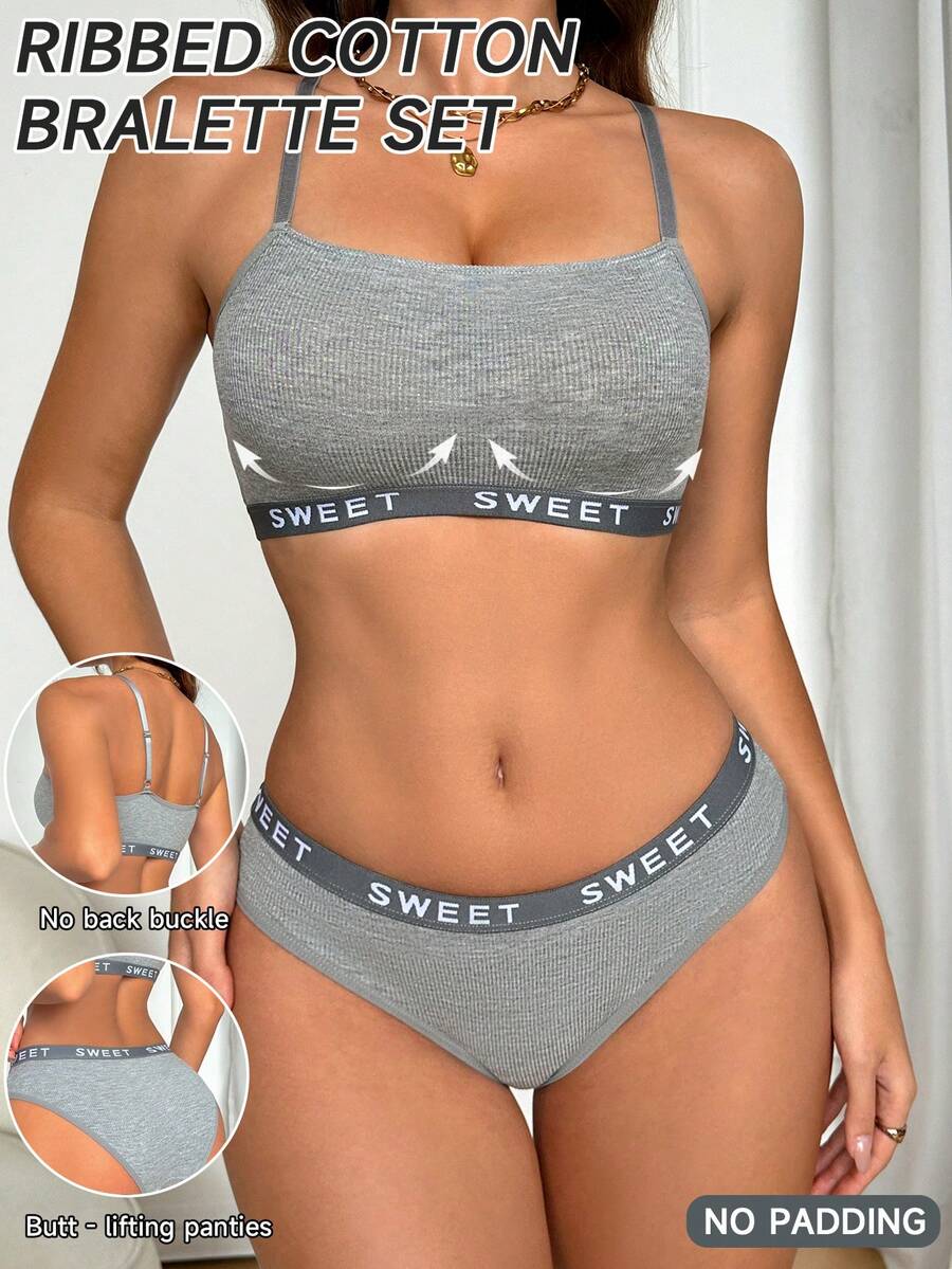 SHEIN Bộ đồ lót 2 món mềm mại và thoải mái in chữ - Xám - Xem 1