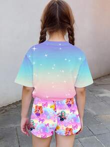 2件套卡通女孩蝴蝶结，多巴胺彩色渐变，K-Pop巨星，休闲简约短袖T恤和短裤套装，适合夏季穿着 - 彩色 - 查看 2