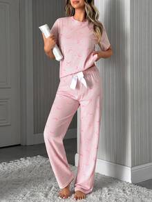 SHEIN Ribbad pyjamas med mån- och stjärnmönster för kvinnor, långärmad topp och byxor, mjukt pyjamasset - Rosa - Visa 7