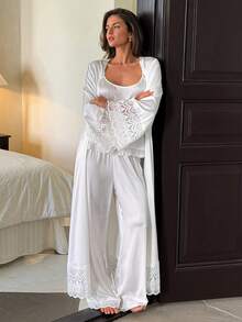 Livesso Women's Comfortable Lace Patchwork Pajama Set Fall - White - View 4