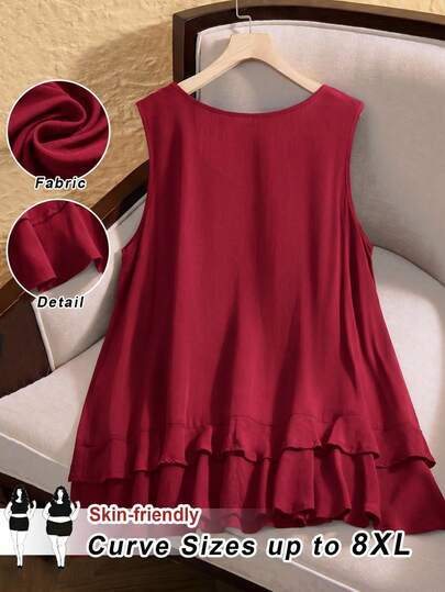 SHEIN CURVE+ Plus Size Women's Solid Color Round Neck Loose Pleated Casual Vest