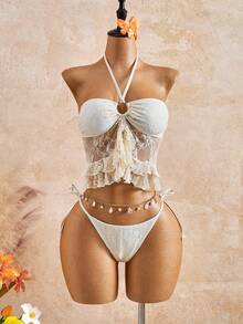 Bellisia Conjunto de 2 piezas de camiseta de tirantes finos con volantes de encaje y bikini, estilo primavera/verano 26SS, color beige - Beis - Ver 5