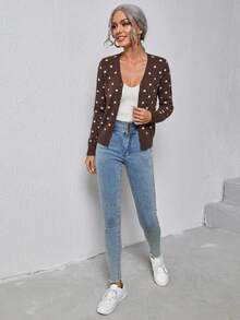 SHEIN LUNE Áo cardigan mỏng nữ phong cách thường ngày họa tiết chấm bi cài nút trước - Nhiều màu - Xem 3