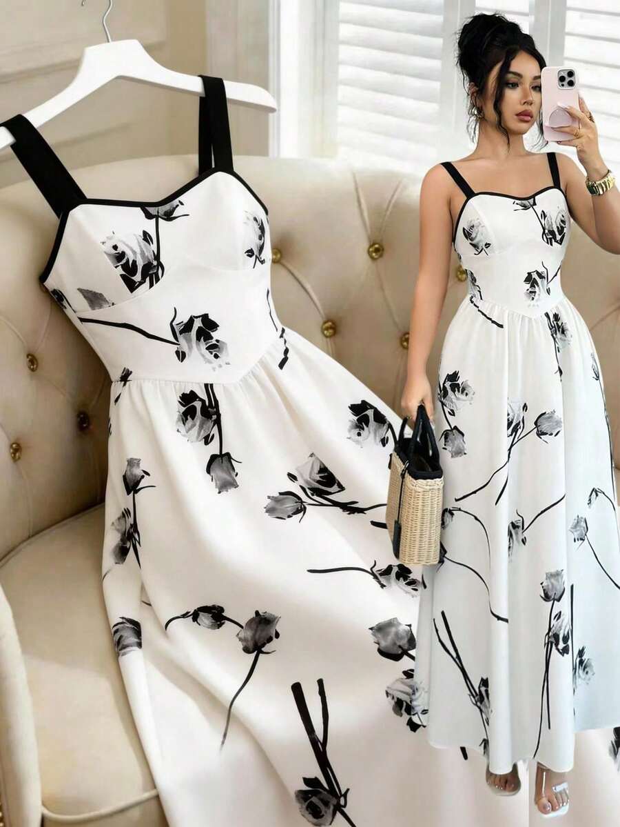 GlowEve CURVE 女士黑白水彩郁金香印花无袖V领撞色腰身A字优雅迷人度假日常休闲海滩通勤性感时尚约会法式街头复古百搭春夏杏色新款无袖长裙 - 彩色 - 查看 1