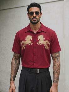 GENTILAND Men's Casual Horse Print Shirt, Summer - Burgundy - View 6